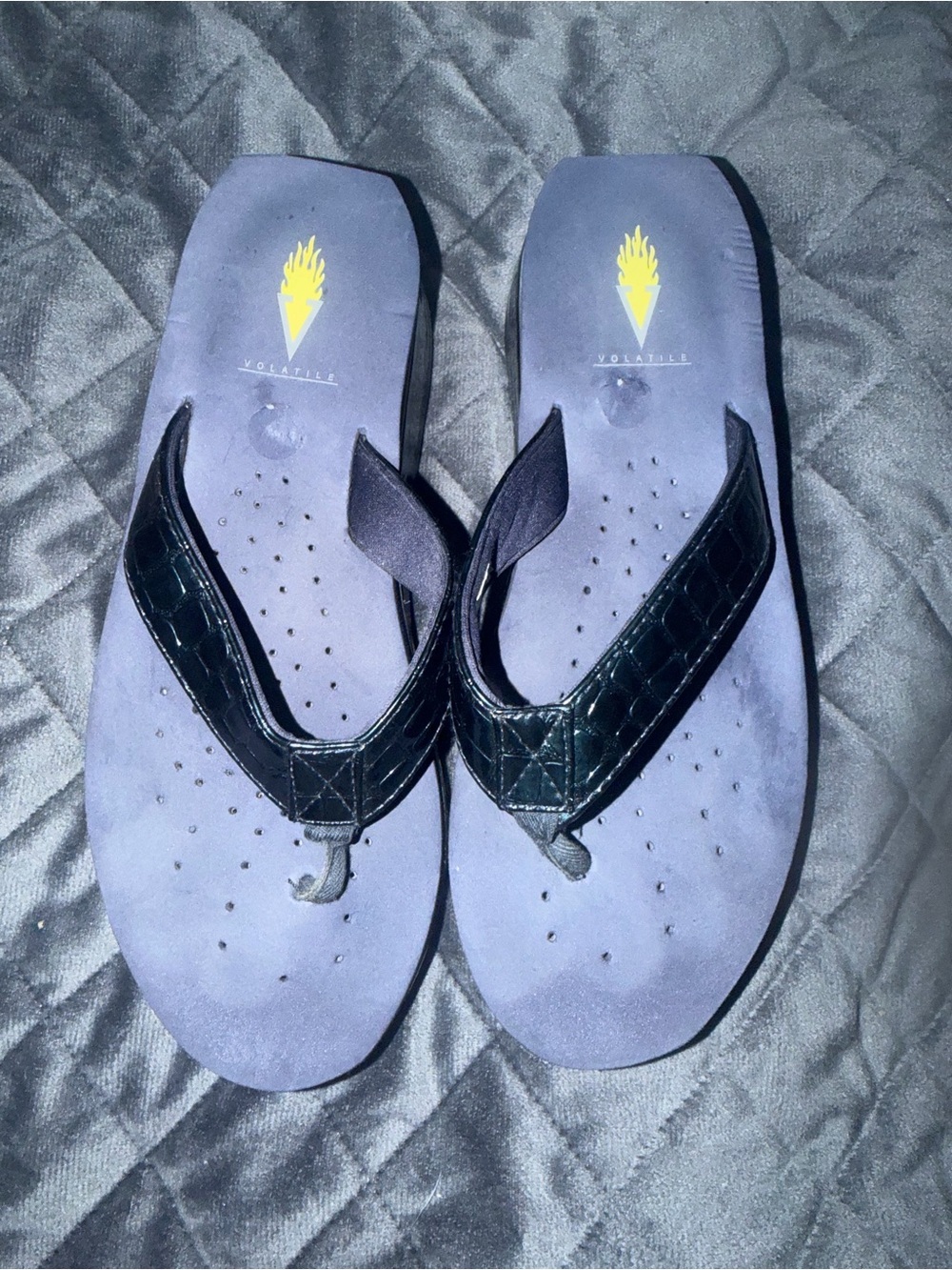Volatile Navy Blue Flip Flops with Black Croc-Texture Thongs